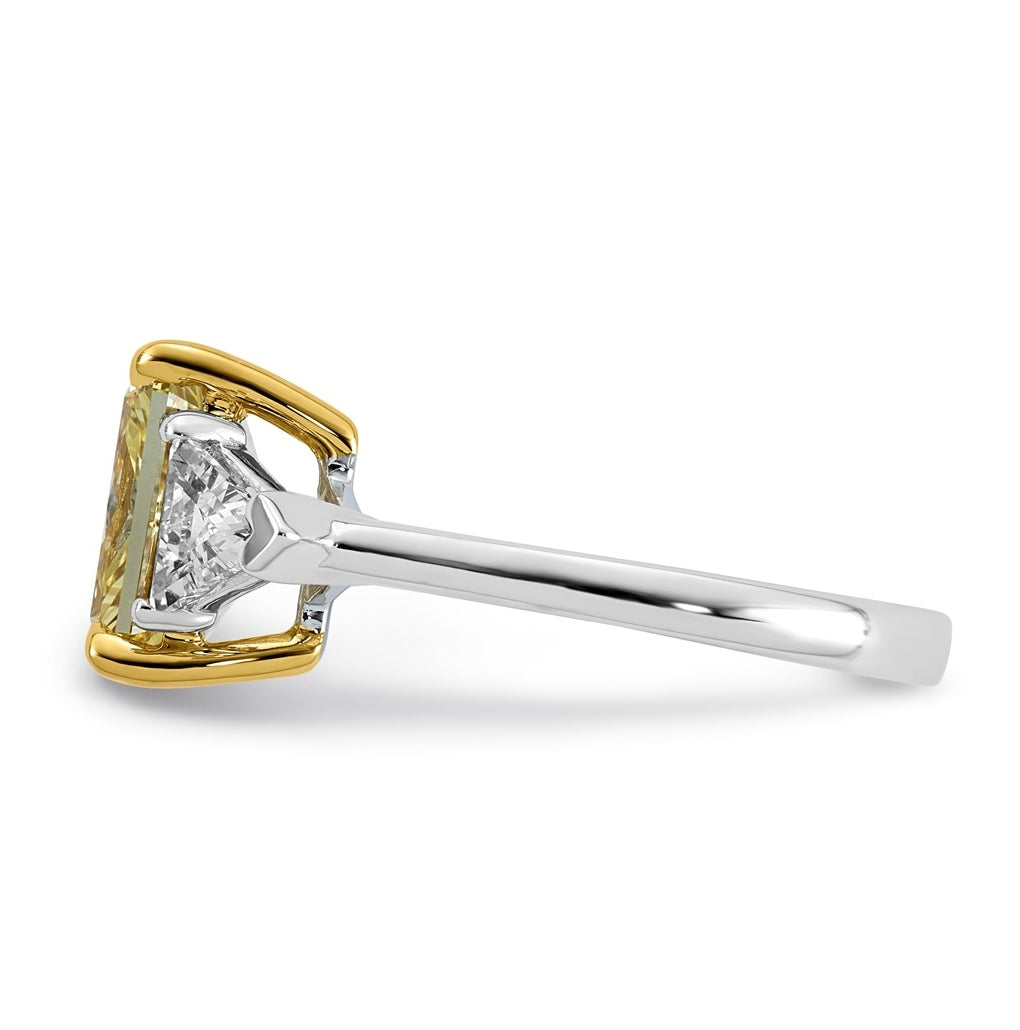 14k Two-Tone Gold 4ct Lab Grown Dia. Radiant VS+ Cert. Vivid Yellow & Trillion VS+ F+ R