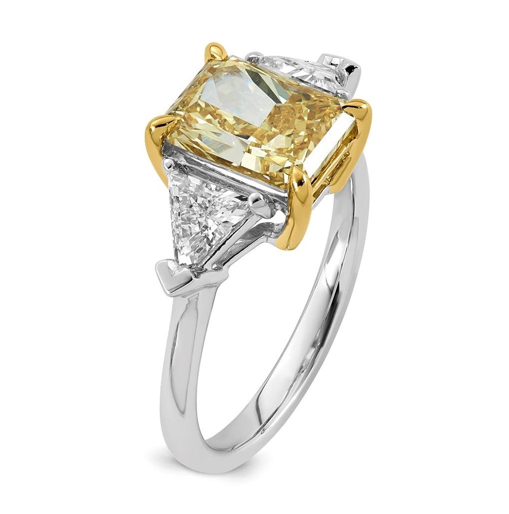 14k Two-Tone Gold 4ct Lab Grown Dia. Radiant VS+ Cert. Vivid Yellow & Trillion VS+ F+ R