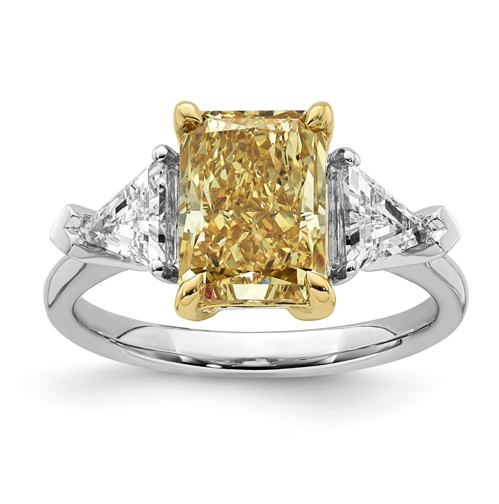 14k Two-Tone Gold 4ct Lab Grown Dia. Radiant VS+ Cert. Vivid Yellow & Trillion VS+ F+ R
