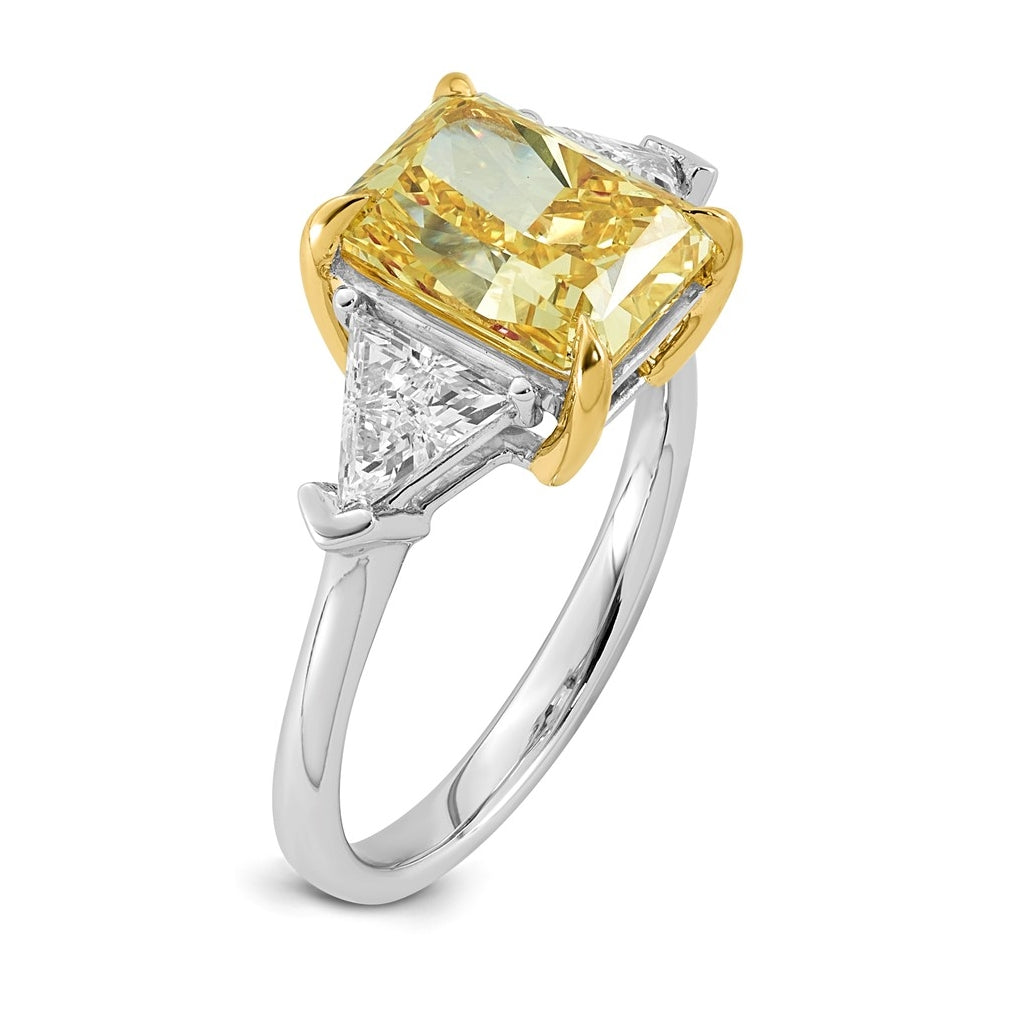 14k Two-Tone Gold 4 1/2ct Lab Grown Dia. Radiant VS+ Cert. Vivid Yellow & Trillion VS+