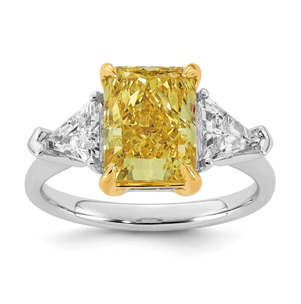 14k Two-Tone Gold 4 1/2ct Lab Grown Dia. Radiant VS+ Cert. Vivid Yellow & Trillion VS+
