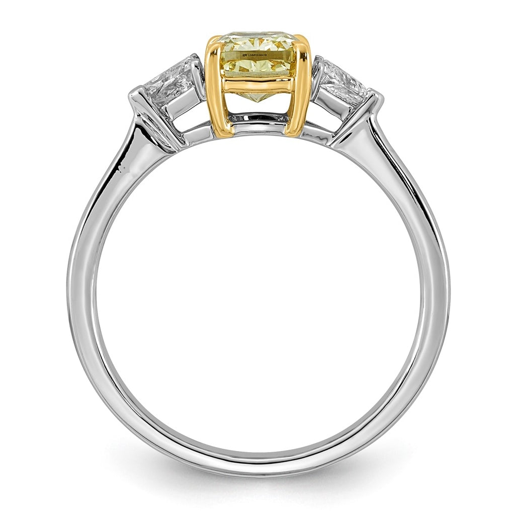 14k Two-Tone Gold 1 1/4ct Lab Grown Dia. Cushion VS+ Cert. Vivid Yellow & Trillion VS+