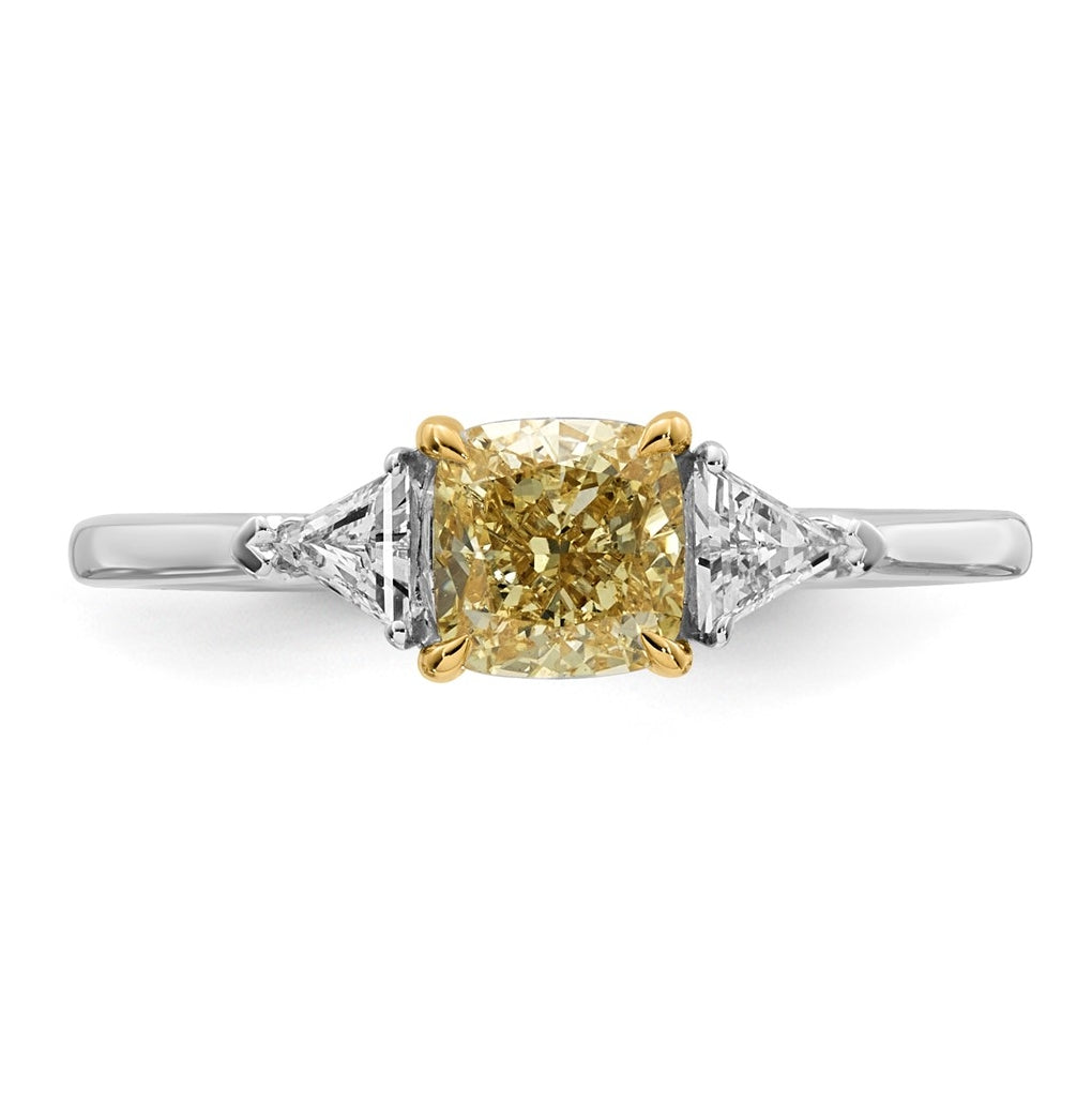 14k Two-Tone Gold 1 1/4ct Lab Grown Dia. Cushion VS+ Cert. Vivid Yellow & Trillion VS+