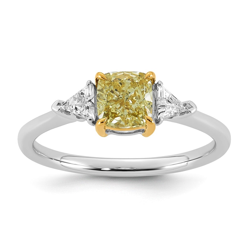 14k Two-Tone Gold 1 1/4ct Lab Grown Dia. Cushion VS+ Cert. Vivid Yellow & Trillion VS+