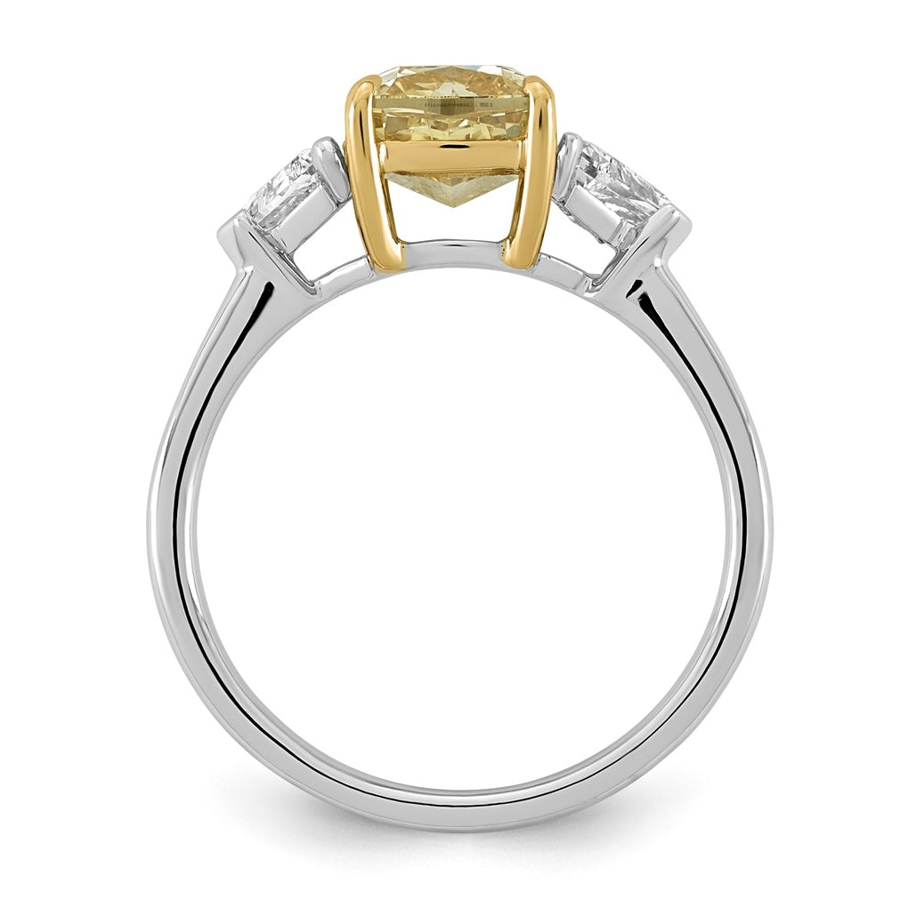 14k Two-Tone Gold 2 1/2ct Lab Grown Dia. Cushion VS+ Cert. Vivid Yellow & Trillion VS+