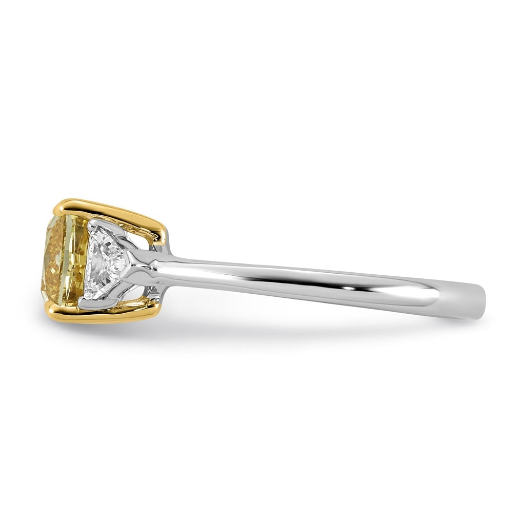 14k Two-Tone Gold 2 1/2ct Lab Grown Dia. Cushion VS+ Cert. Vivid Yellow & Trillion VS+