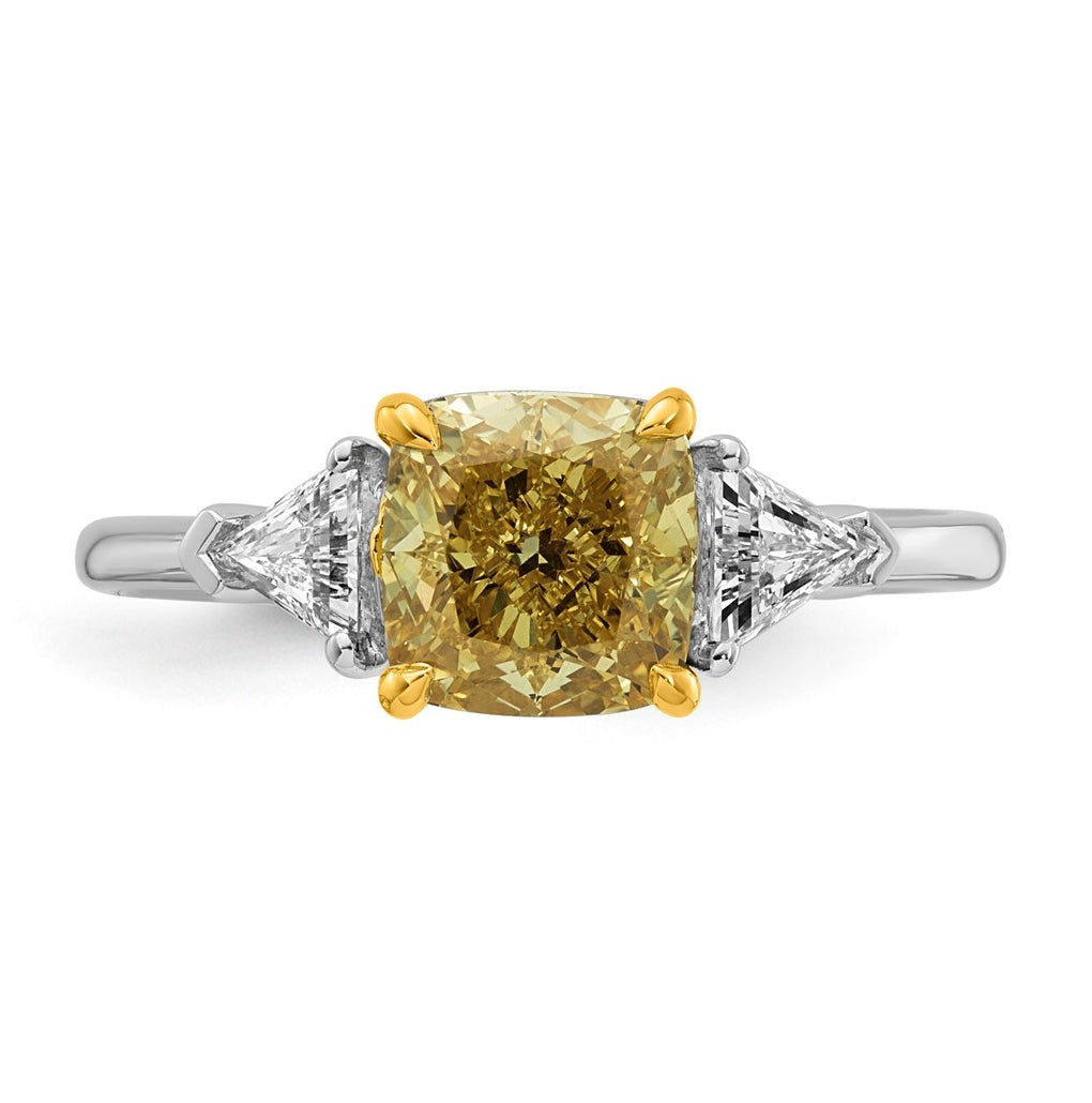 14k Two-Tone Gold 2 1/2ct Lab Grown Dia. Cushion VS+ Cert. Vivid Yellow & Trillion VS+