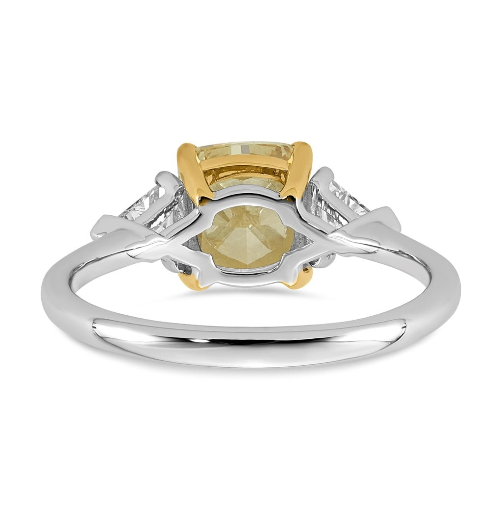 14k Two-Tone Gold 2 1/2ct Lab Grown Dia. Cushion VS+ Cert. Vivid Yellow & Trillion VS+