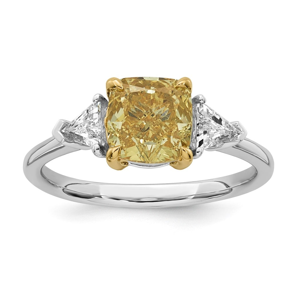 14k Two-Tone Gold 2 1/2ct Lab Grown Dia. Cushion VS+ Cert. Vivid Yellow & Trillion VS+