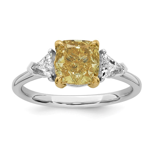 14k Two-Tone Gold 2 1/2ct Lab Grown Dia. Cushion VS+ Cert. Vivid Yellow & Trillion VS+