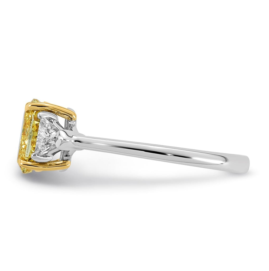 14k Two-Tone Gold 1 1/2ct Lab Grown Dia. Oval VS+ Cert. Vivid Yellow & Trillion VS+ F+
