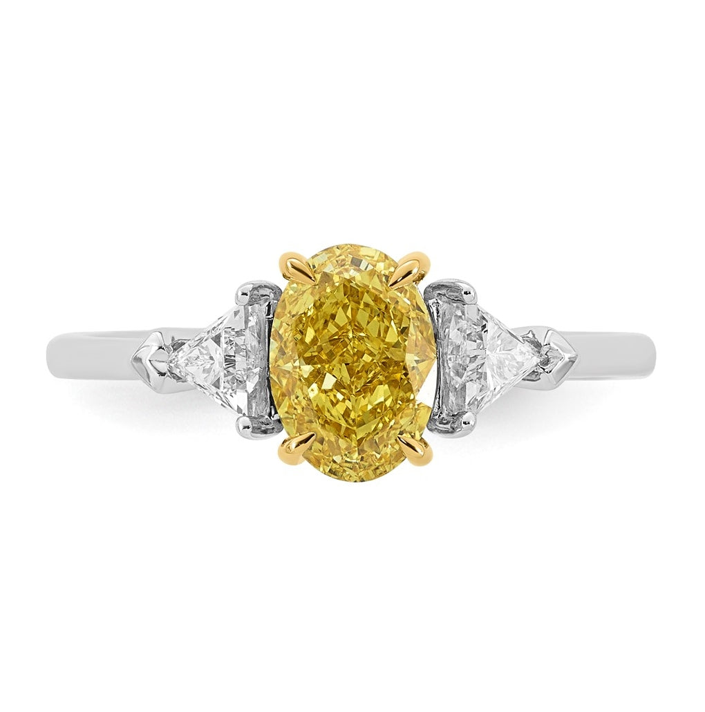 14k Two-Tone Gold 1 1/2ct Lab Grown Dia. Oval VS+ Cert. Vivid Yellow & Trillion VS+ F+