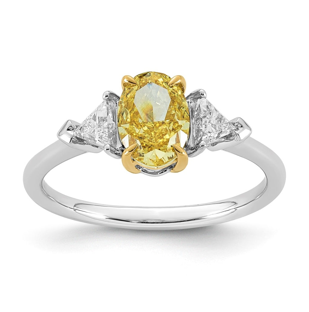 14k Two-Tone Gold 1 1/2ct Lab Grown Dia. Oval VS+ Cert. Vivid Yellow & Trillion VS+ F+