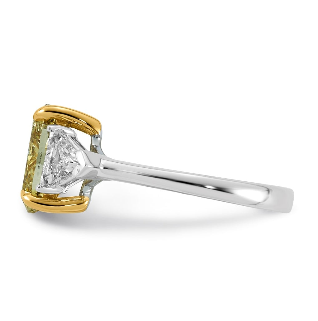 14k Two-Tone Gold 4ct Lab Grown Dia. Oval VS+ Cert. Vivid Yellow & Trillion VS+ F+ Ring