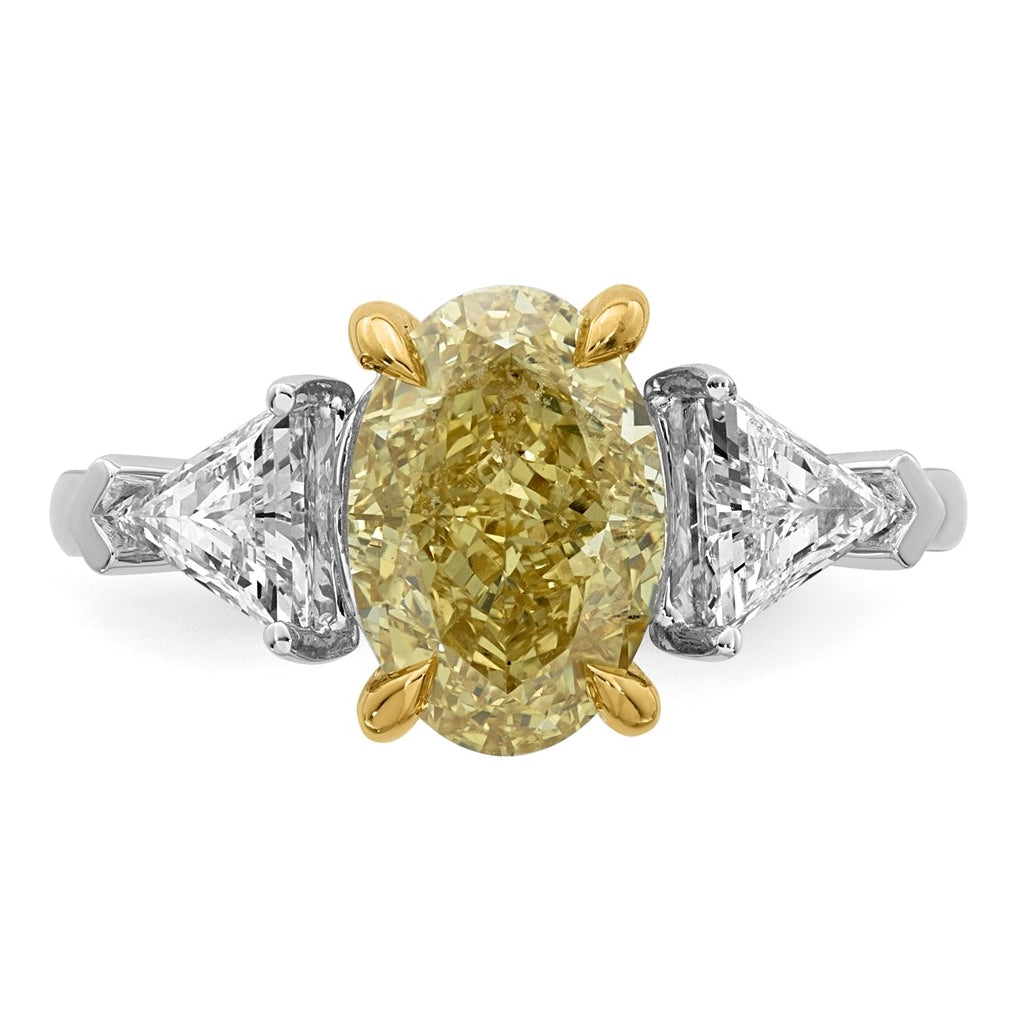 14k Two-Tone Gold 4ct Lab Grown Dia. Oval VS+ Cert. Vivid Yellow & Trillion VS+ F+ Ring