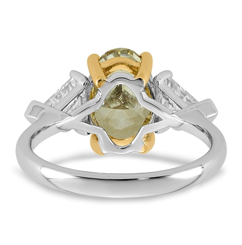 14k Two-Tone Gold 4ct Lab Grown Dia. Oval VS+ Cert. Vivid Yellow & Trillion VS+ F+ Ring