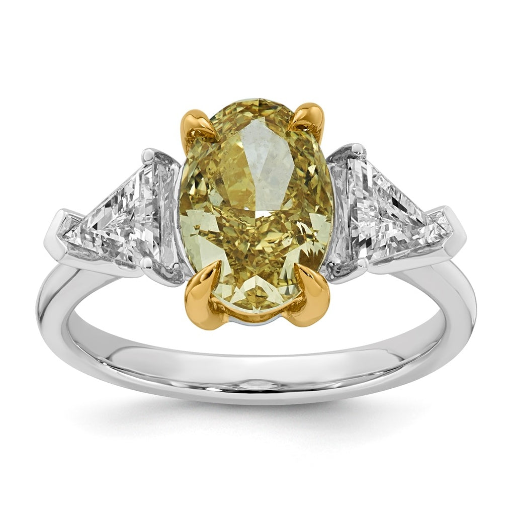 14k Two-Tone Gold 4ct Lab Grown Dia. Oval VS+ Cert. Vivid Yellow & Trillion VS+ F+ Ring