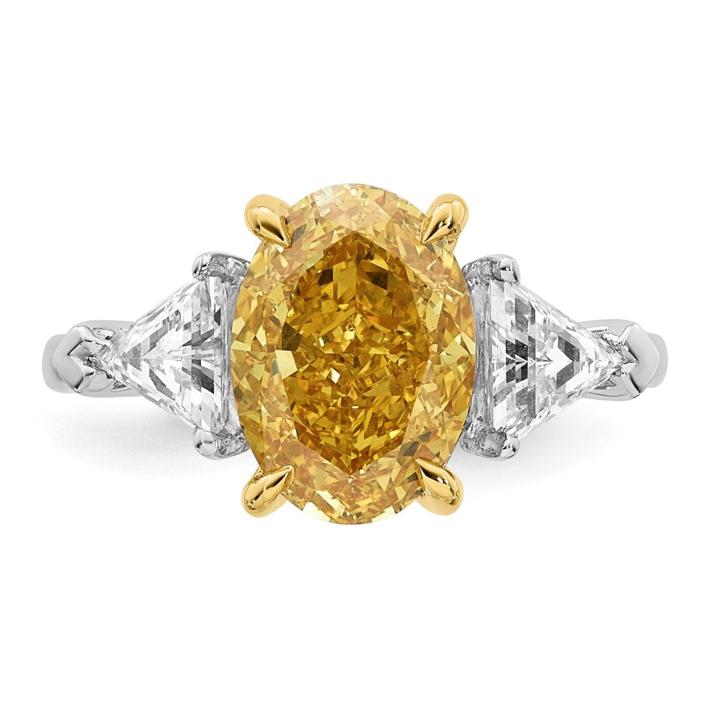14k Two-Tone Gold 4 1/2ct Lab Grown Dia. Oval VS+ Cert. Vivid Yellow & Trillion VS+ F+