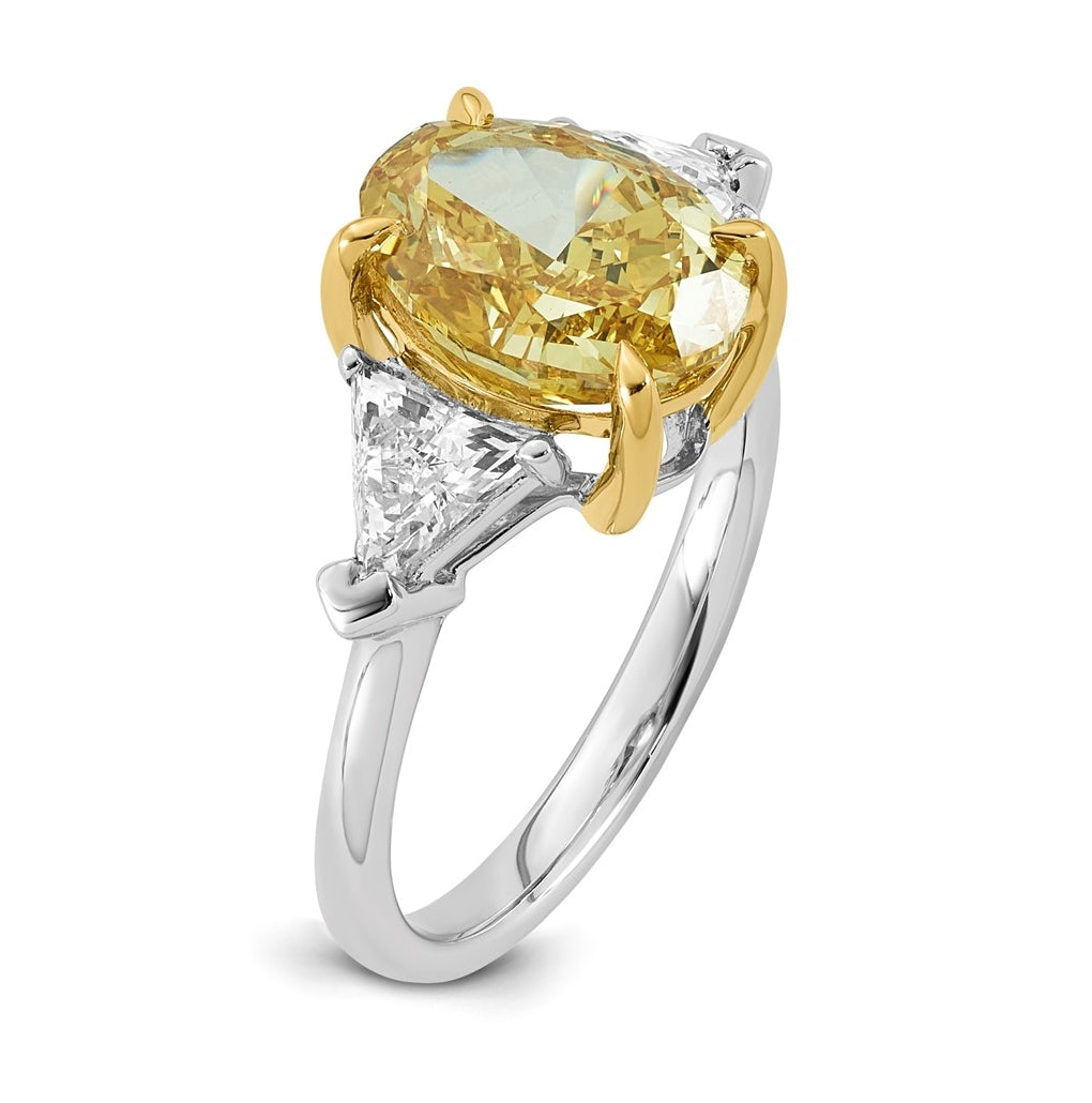 14k Two-Tone Gold 4 1/2ct Lab Grown Dia. Oval VS+ Cert. Vivid Yellow & Trillion VS+ F+