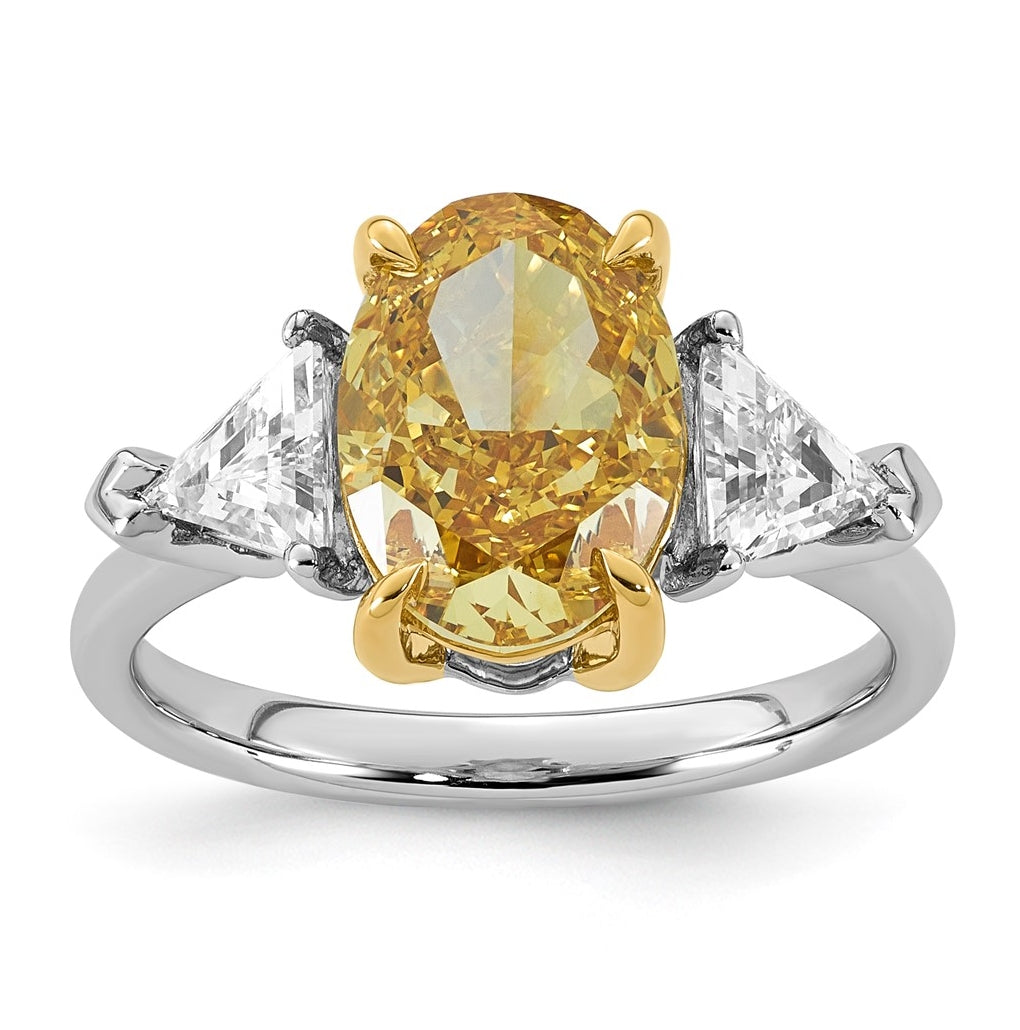 14k Two-Tone Gold 4 1/2ct Lab Grown Dia. Oval VS+ Cert. Vivid Yellow & Trillion VS+ F+