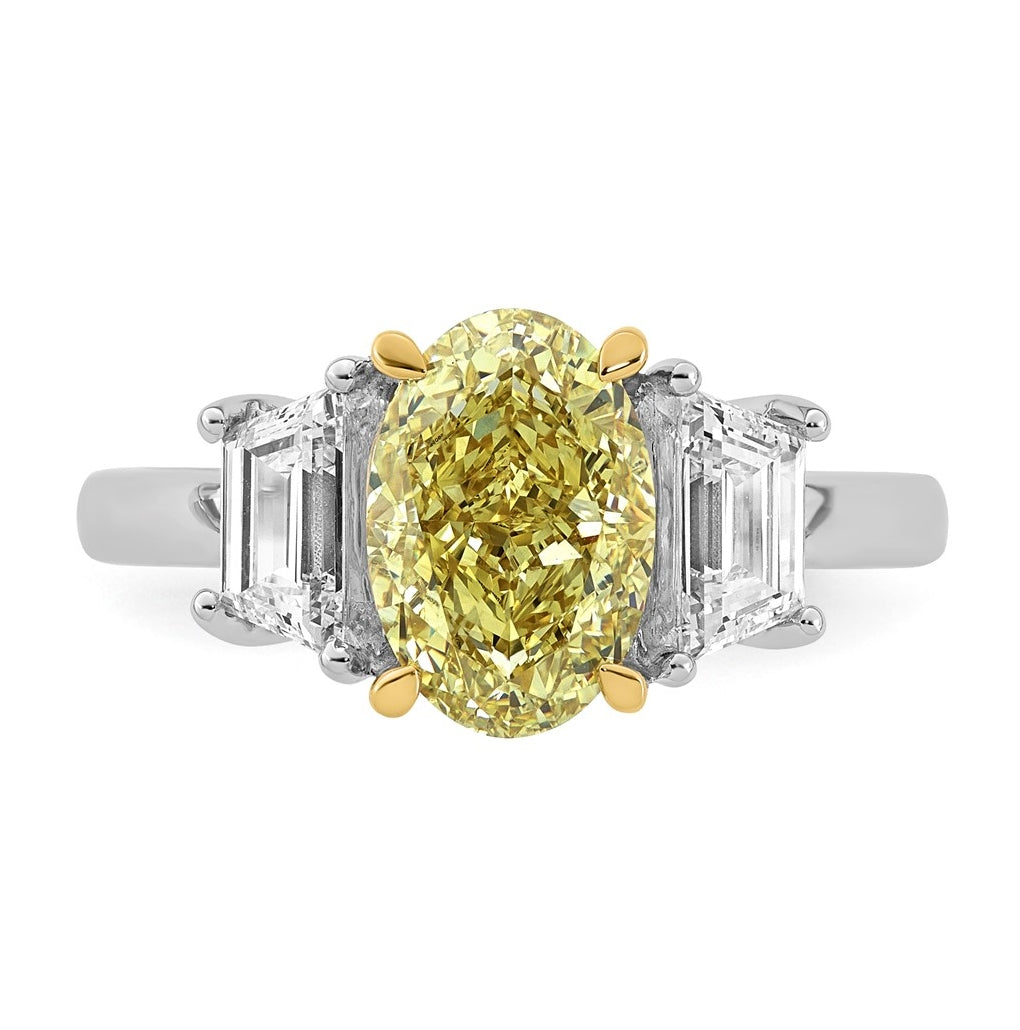 14k Two-Tone Gold 4 1/3ct Lab Grown Dia. Oval VS+ Cert. Vivid Yellow & Trapezoid VS+ F+