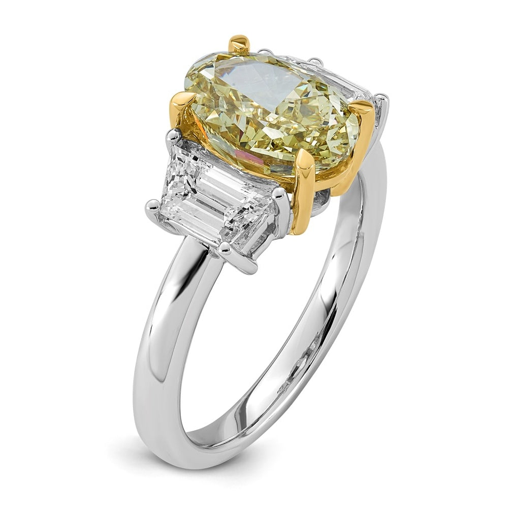 14k Two-Tone Gold 4 1/3ct Lab Grown Dia. Oval VS+ Cert. Vivid Yellow & Trapezoid VS+ F+