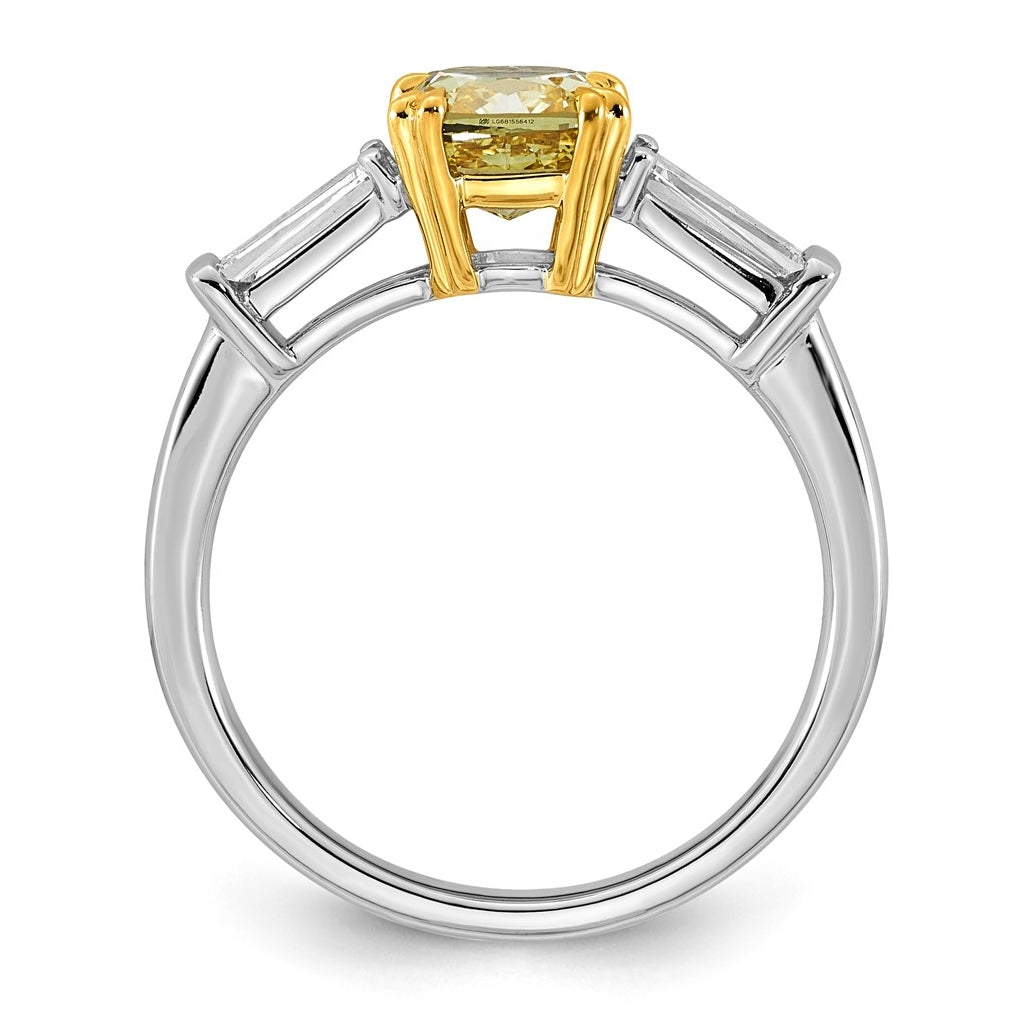 14k Two-Tone Gold 2ct Lab Grown Dia. Cushion VS+ Cert. Vivid Yellow & Baguette VS+ F+ R