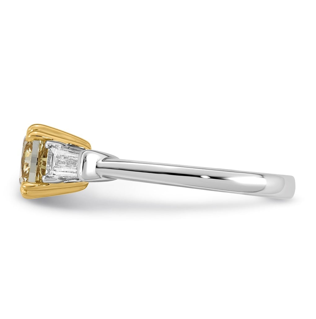 14k Two-Tone Gold 2ct Lab Grown Dia. Cushion VS+ Cert. Vivid Yellow & Baguette VS+ F+ R