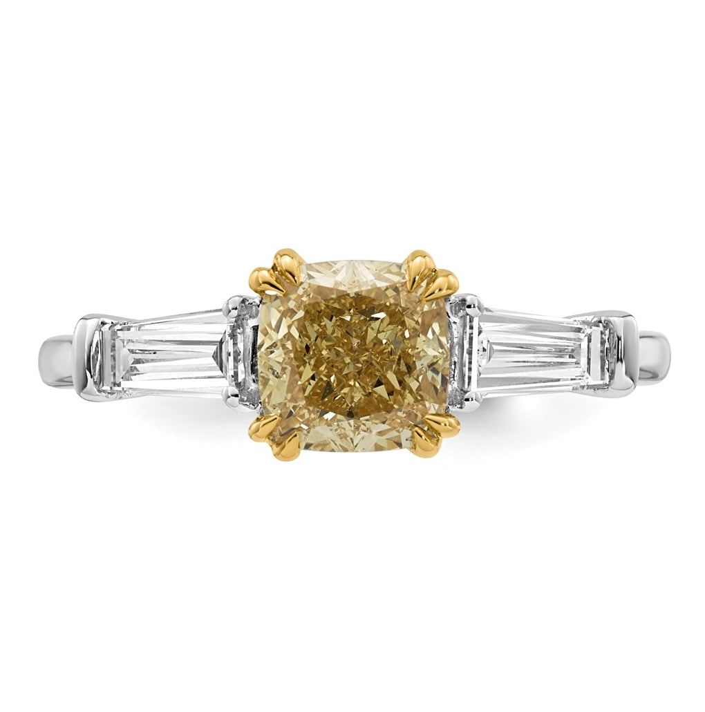 14k Two-Tone Gold 2ct Lab Grown Dia. Cushion VS+ Cert. Vivid Yellow & Baguette VS+ F+ R