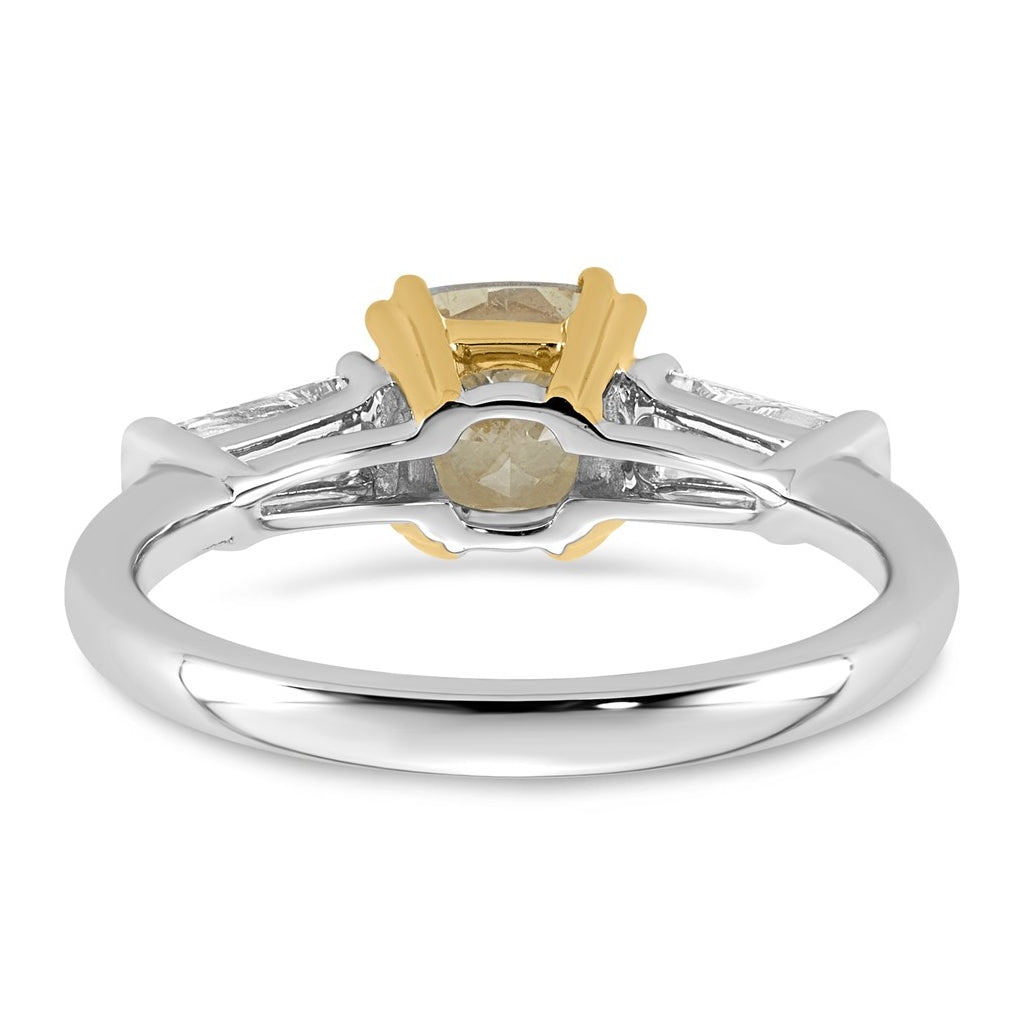 14k Two-Tone Gold 2ct Lab Grown Dia. Cushion VS+ Cert. Vivid Yellow & Baguette VS+ F+ R