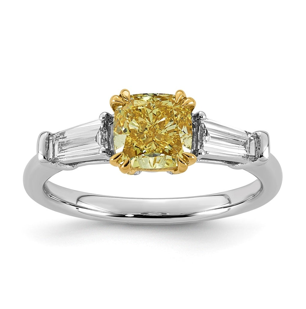 14k Two-Tone Gold 2ct Lab Grown Dia. Cushion VS+ Cert. Vivid Yellow & Baguette VS+ F+ R