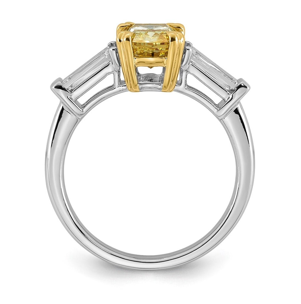 14k Two-Tone Gold 2 3/4ct Lab Grown Dia. Long Cushion VS+ Cert. Yellow & Baguette VS+ F