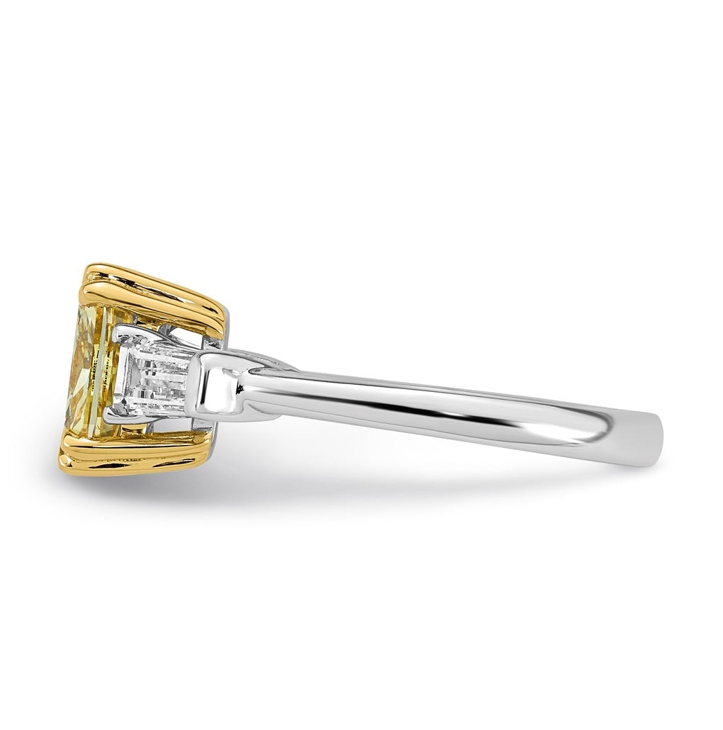 14k Two-Tone Gold 2 3/4ct Lab Grown Dia. Long Cushion VS+ Cert. Yellow & Baguette VS+ F