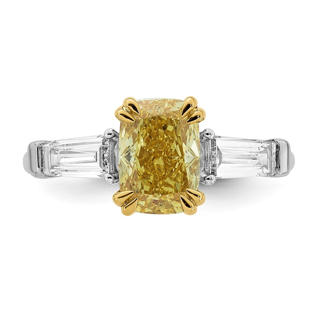 14k Two-Tone Gold 2 3/4ct Lab Grown Dia. Long Cushion VS+ Cert. Yellow & Baguette VS+ F