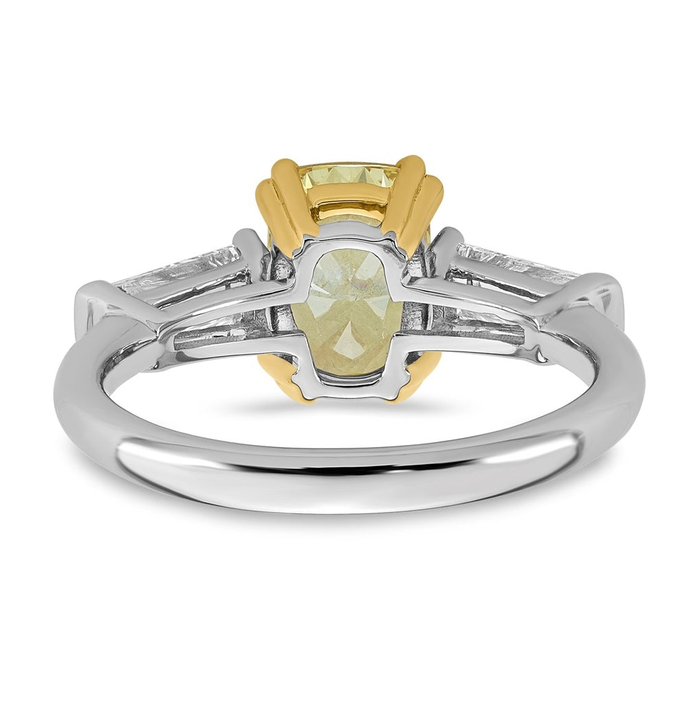 14k Two-Tone Gold 2 3/4ct Lab Grown Dia. Long Cushion VS+ Cert. Yellow & Baguette VS+ F