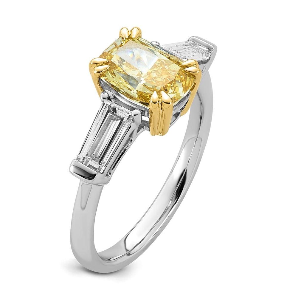 14k Two-Tone Gold 2 3/4ct Lab Grown Dia. Long Cushion VS+ Cert. Yellow & Baguette VS+ F