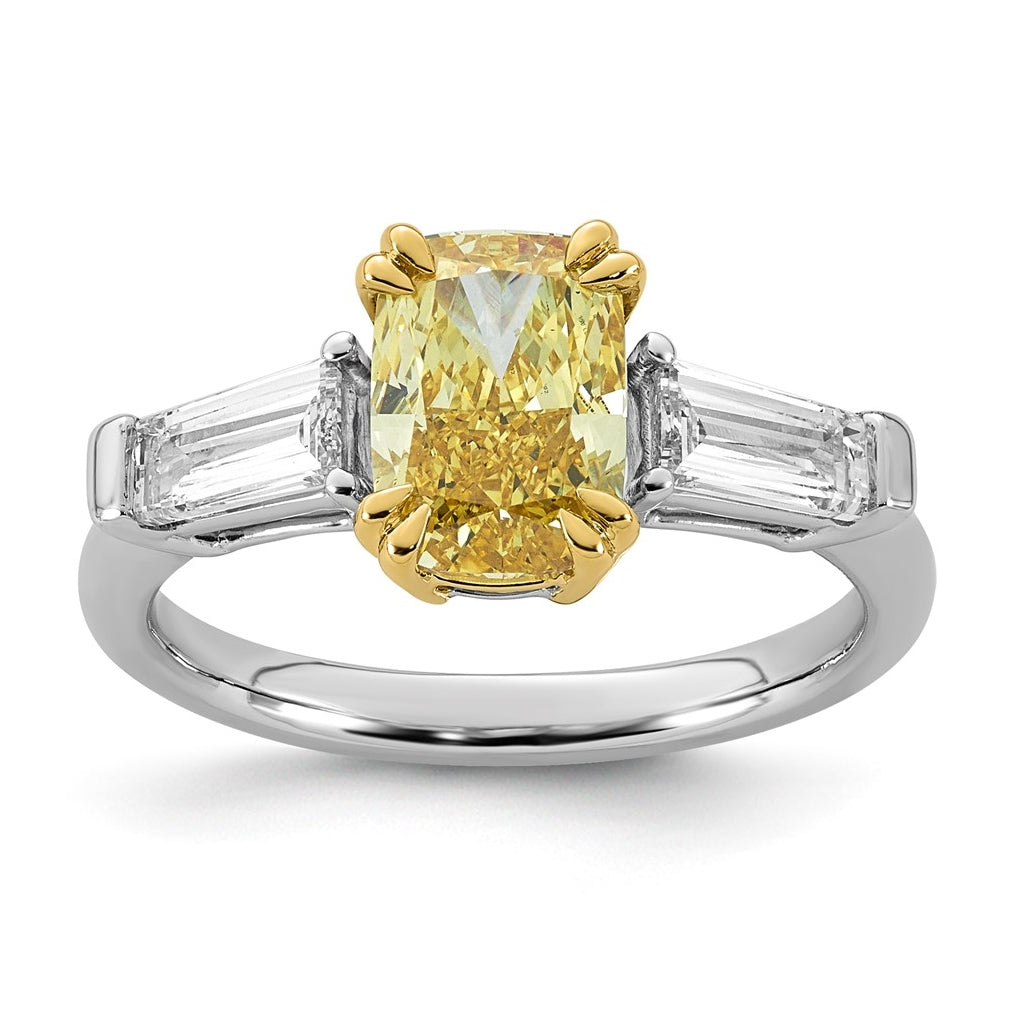 14k Two-Tone Gold 2 3/4ct Lab Grown Dia. Long Cushion VS+ Cert. Yellow & Baguette VS+ F