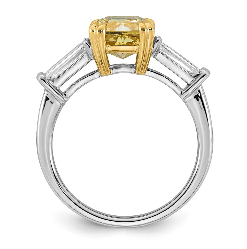 14k Two-Tone Gold 3ct Lab Grown Dia. Cushion VS+ Cert. Vivid Yellow & Baguette VS+ F+ R