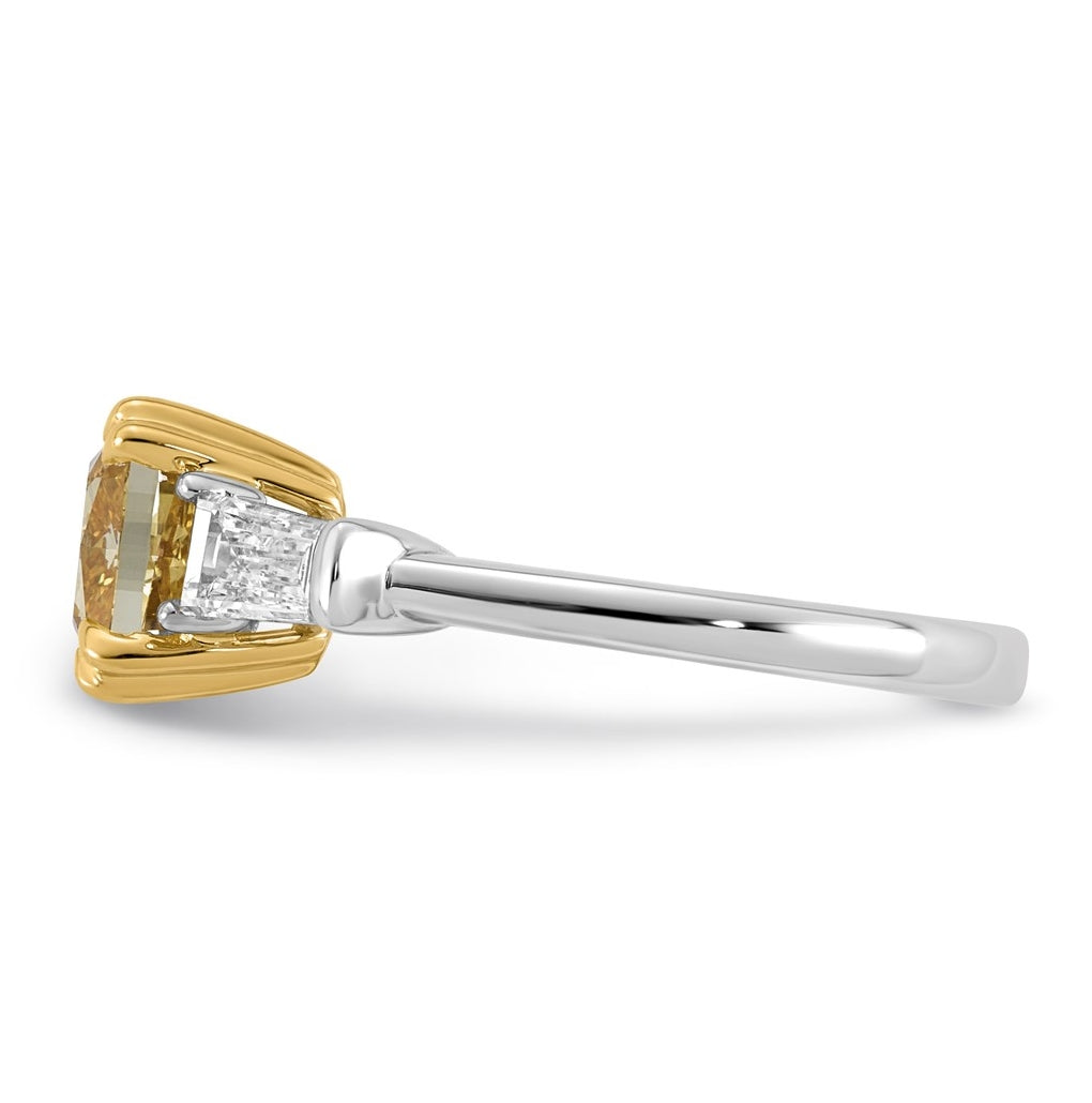 14k Two-Tone Gold 3ct Lab Grown Dia. Cushion VS+ Cert. Vivid Yellow & Baguette VS+ F+ R
