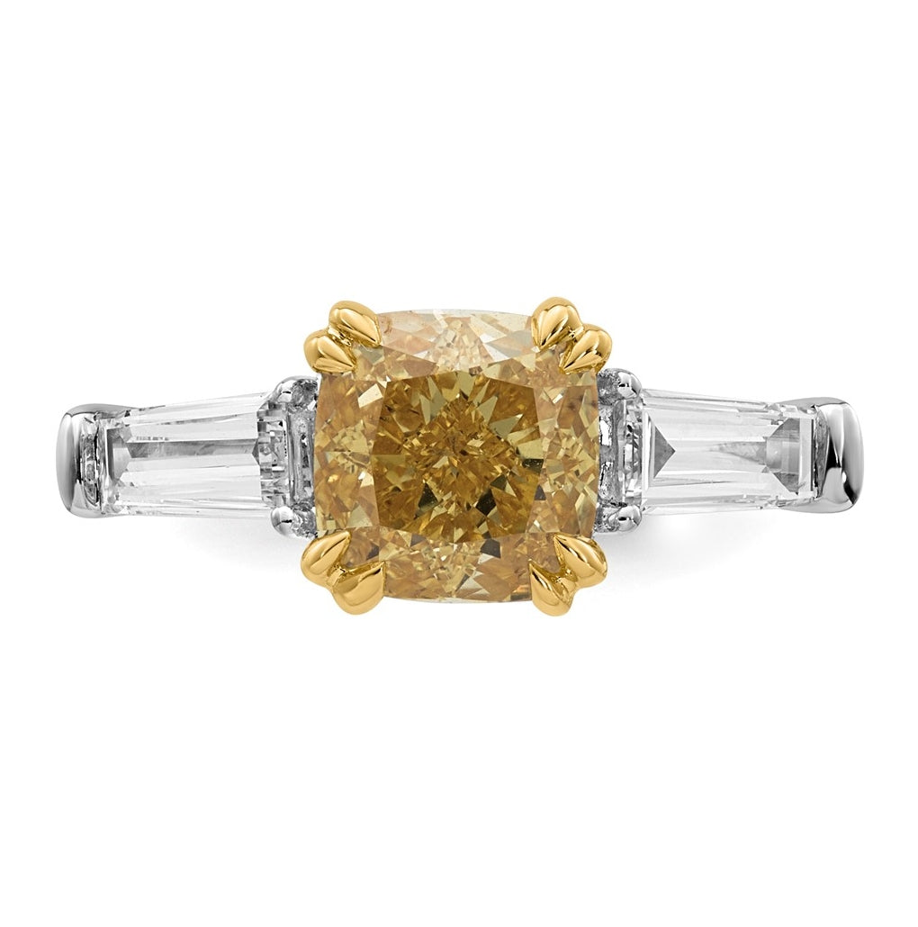 14k Two-Tone Gold 3ct Lab Grown Dia. Cushion VS+ Cert. Vivid Yellow & Baguette VS+ F+ R