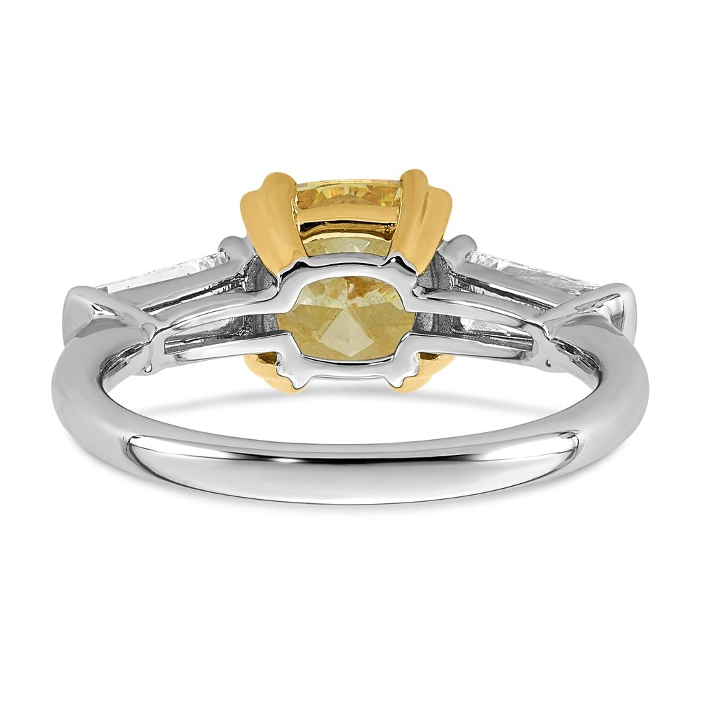 14k Two-Tone Gold 3ct Lab Grown Dia. Cushion VS+ Cert. Vivid Yellow & Baguette VS+ F+ R