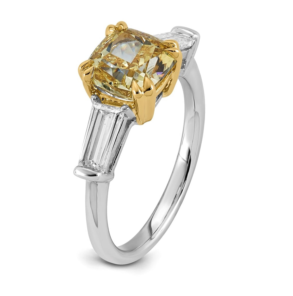 14k Two-Tone Gold 3ct Lab Grown Dia. Cushion VS+ Cert. Vivid Yellow & Baguette VS+ F+ R