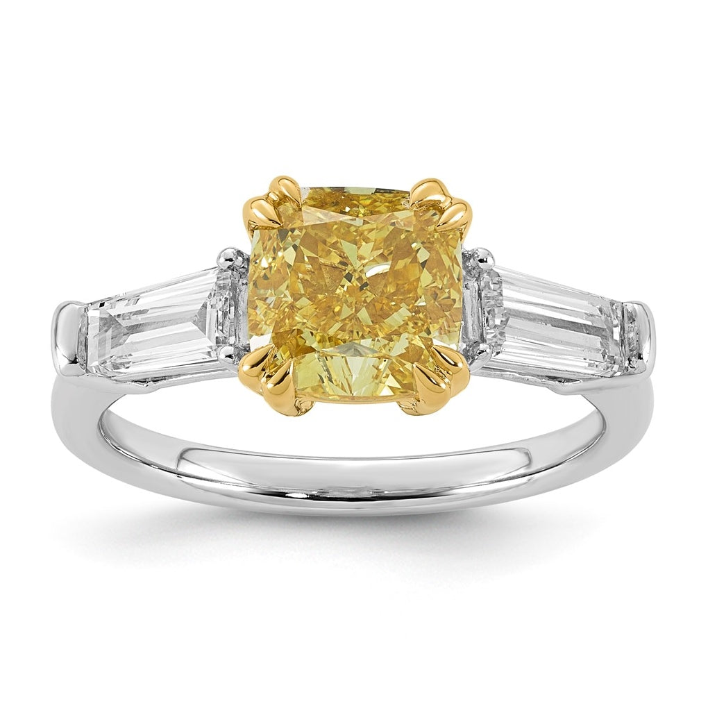 14k Two-Tone Gold 3ct Lab Grown Dia. Cushion VS+ Cert. Vivid Yellow & Baguette VS+ F+ R