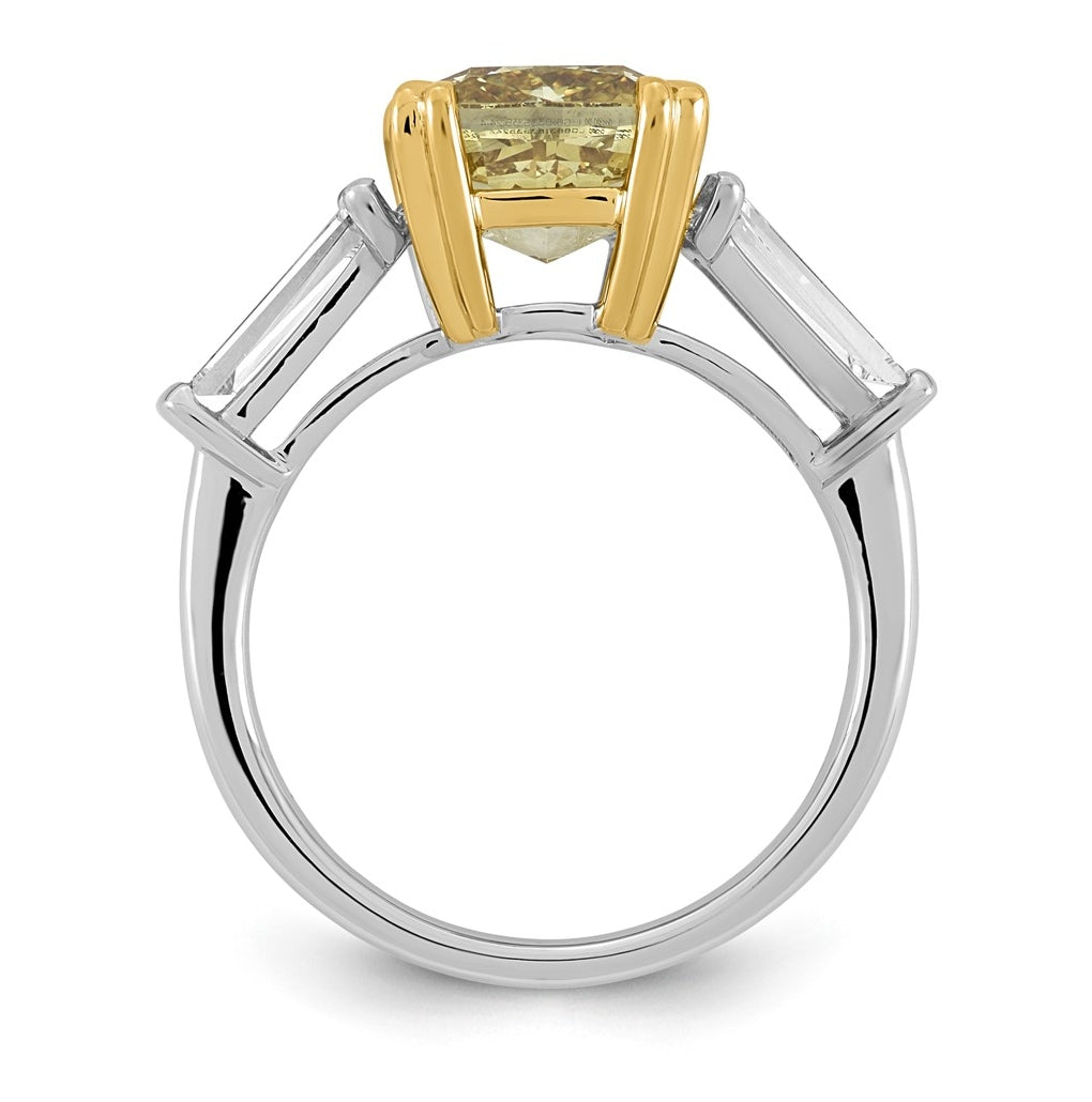 14k Two-Tone Gold 4 1/3ct Lab Grown Dia. Cushion VS+ Cert. Vivid Yellow & Baguette VS+