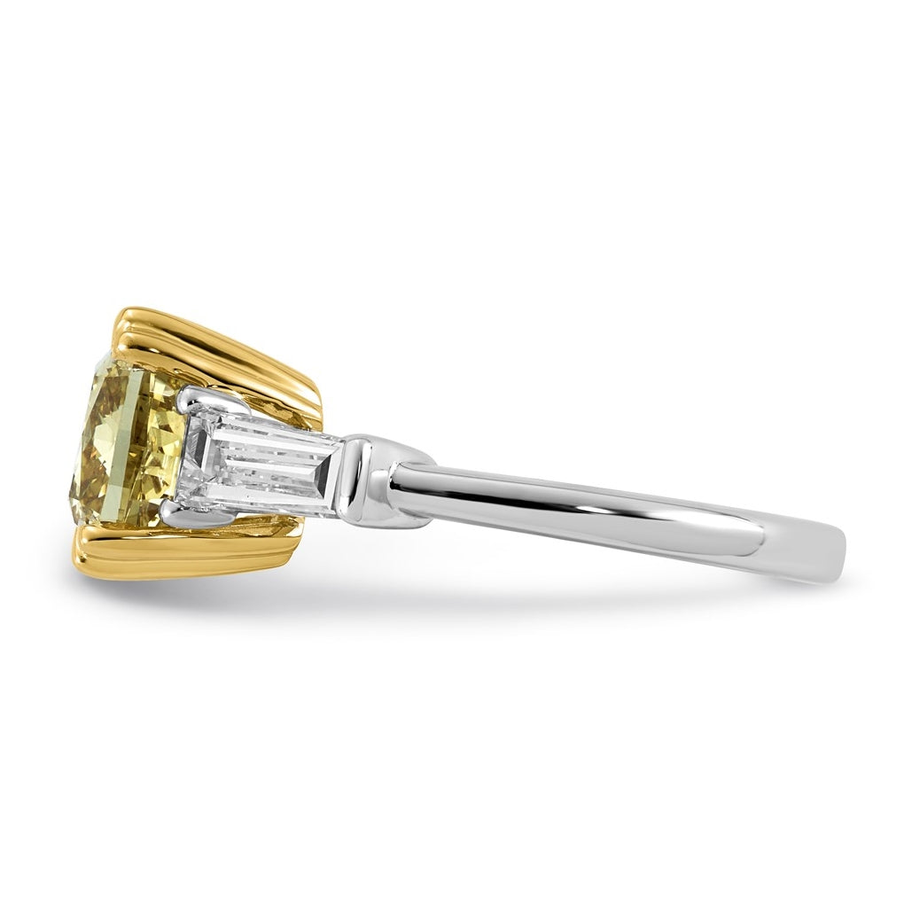 14k Two-Tone Gold 4 1/3ct Lab Grown Dia. Cushion VS+ Cert. Vivid Yellow & Baguette VS+