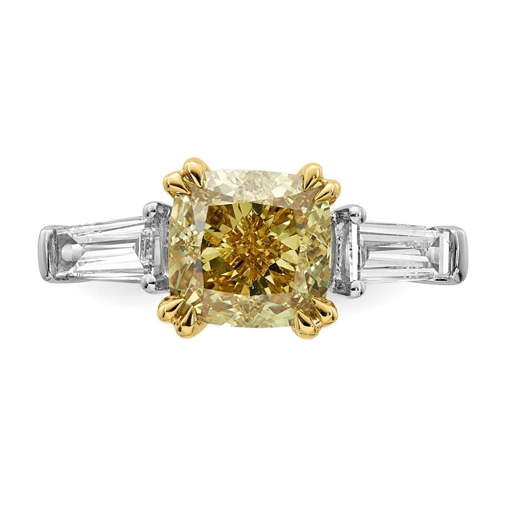 14k Two-Tone Gold 4 1/3ct Lab Grown Dia. Cushion VS+ Cert. Vivid Yellow & Baguette VS+