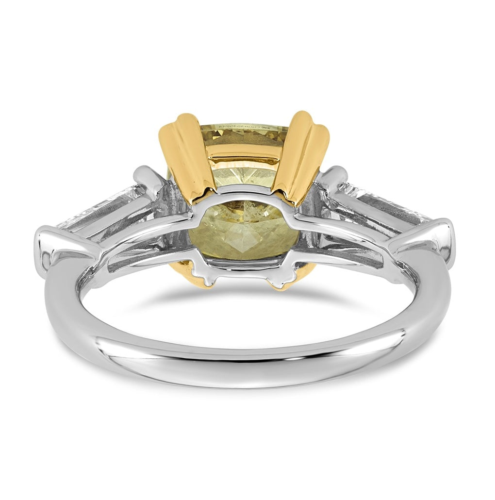 14k Two-Tone Gold 4 1/3ct Lab Grown Dia. Cushion VS+ Cert. Vivid Yellow & Baguette VS+