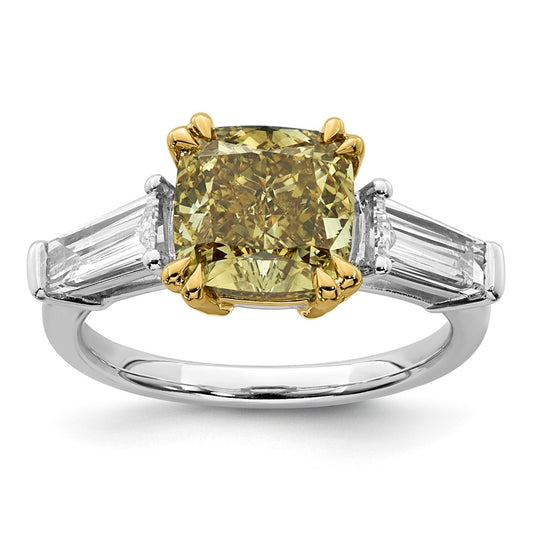 14k Two-Tone Gold 4 1/3ct Lab Grown Dia. Cushion VS+ Cert. Vivid Yellow & Baguette VS+