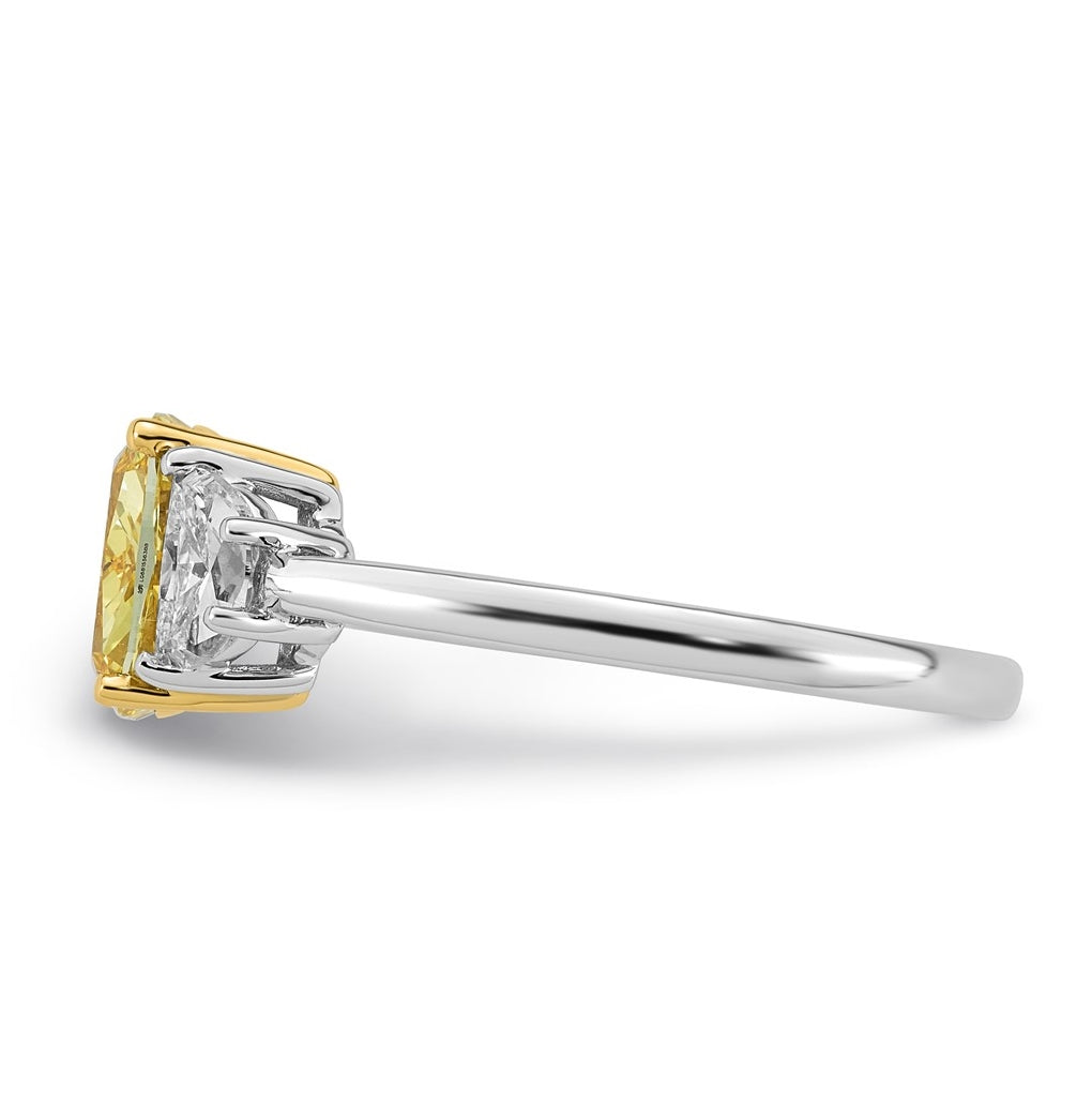 14k Two-Tone Gold 2 1/2ct Lab Grown Dia. Long Cushion VS+ Cert. Vivid Yellow & Half Moo
