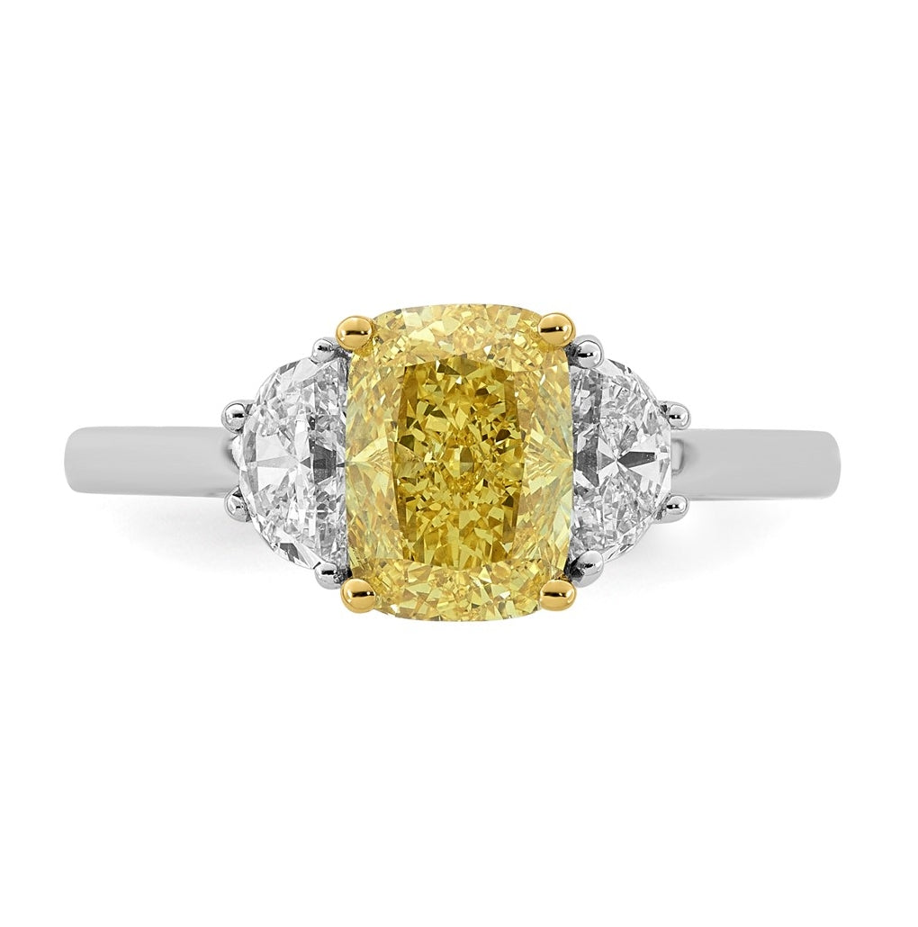 14k Two-Tone Gold 2 1/2ct Lab Grown Dia. Long Cushion VS+ Cert. Vivid Yellow & Half Moo